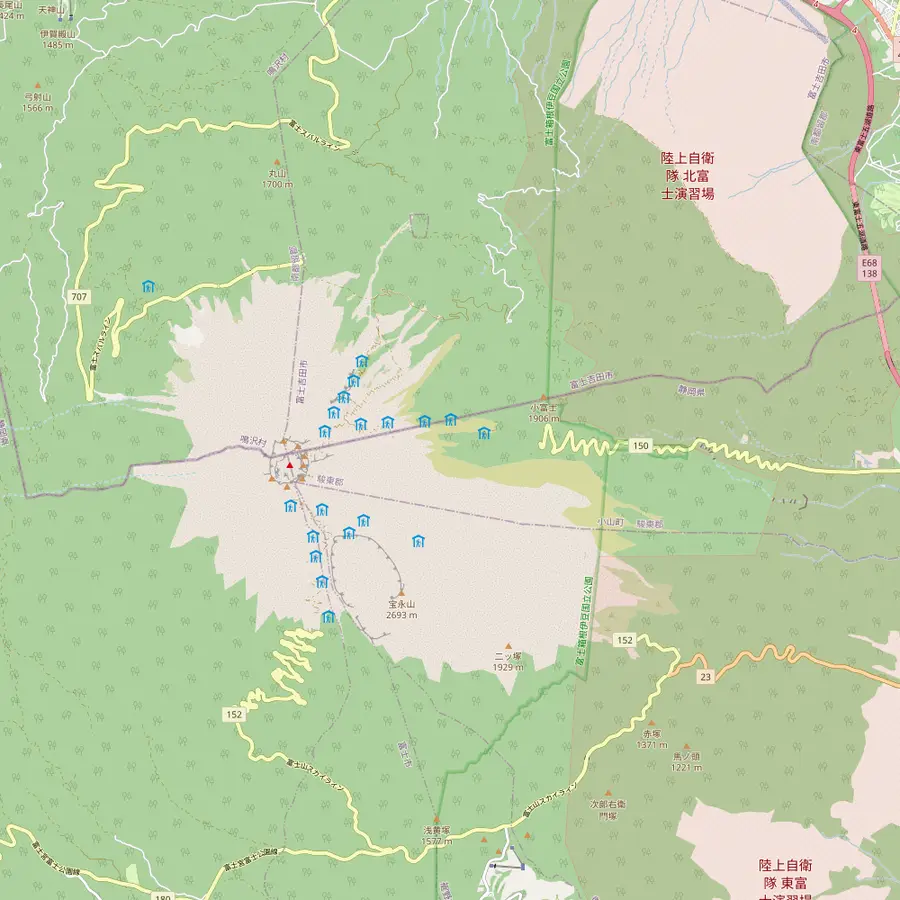 Map of the summit of Mount Fuji with the Subaru Line, Fujinomiya, Subashiri and Gotemba 5th stations and the Hoei crater